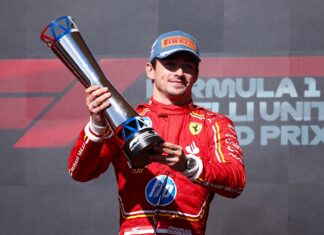 Ferrari’s Charles Leclerc celebrating during the Formula 1 Pirelli United States Grand Prix 2024 in October 2024