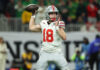 Ohio State quarterback Will Howard throws a pass in the 2nd quarter against Notre Dame in the 2024-25 College Football Playoff National Championship Game in January 2025