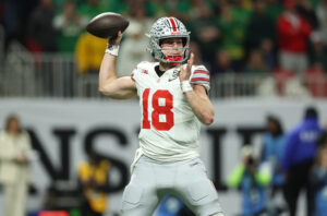 Ohio State quarterback Will Howard throws a pass in the 2nd quarter against Notre Dame in the 2024-25 College Football Playoff National Championship Game in January 2025