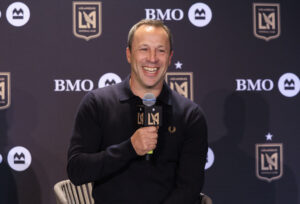 Head coach, Steve Cherundolo speaks during the presentation of Olivier Giroud to the media as a new member of the Los Angeles Football Club during a press conference on Thursday August 1, 2024 at the InterContinental Hotel in Los Angeles, California, U.S.
