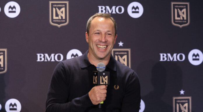 Head coach, Steve Cherundolo speaks during the presentation of Olivier Giroud to the media as a new member of the Los Angeles Football Club during a press conference on Thursday August 1, 2024 at the InterContinental Hotel in Los Angeles, California, U.S.