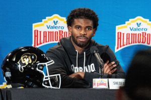 Quarterback Shedeur Sanders with the University of Colorado at the pre-game Media Press Conference at the NCAA Valero Alamo Bowl against BYU at the Alamodome in December 2024.